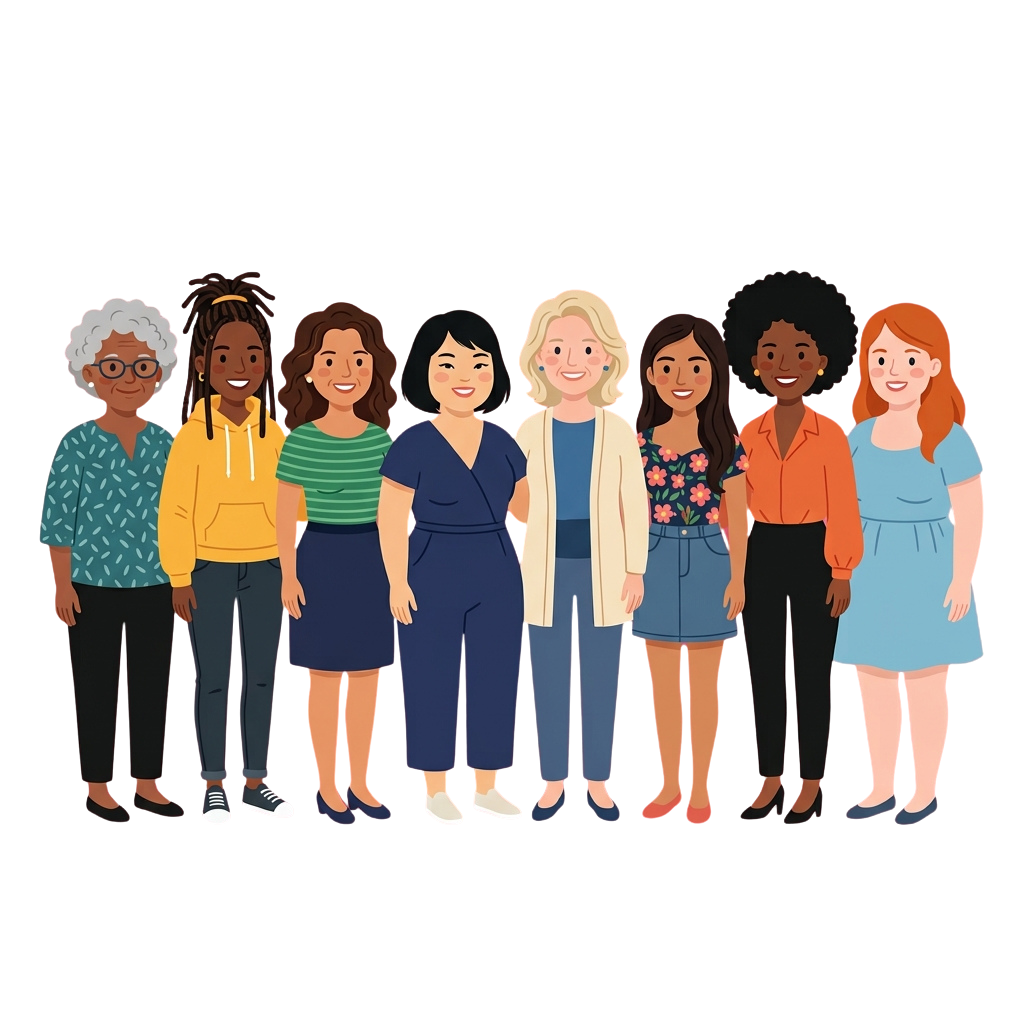 Seven smiling women of different ages and ethnicities standing side by side in colorful clothing
