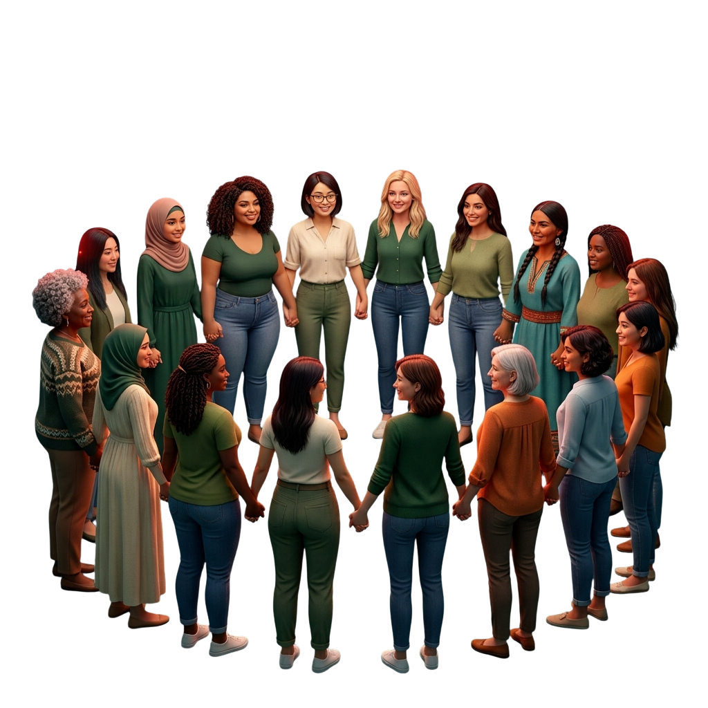 A diverse group of women standing in a circle, holding hands, showing unity and support.