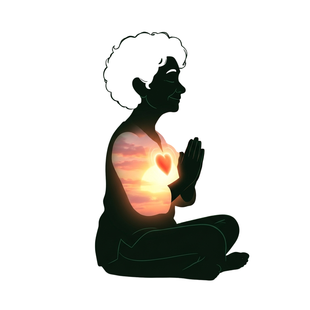 Silhouette of a person sitting cross-legged with glowing heart hands in prayer position