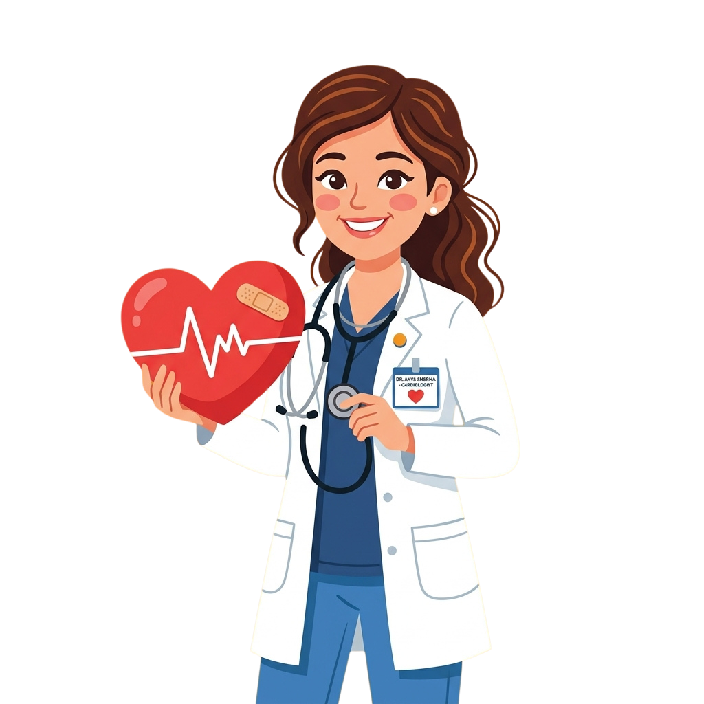 Smiling doctor in white coat holding a red heart with a bandage and stethoscope around neck