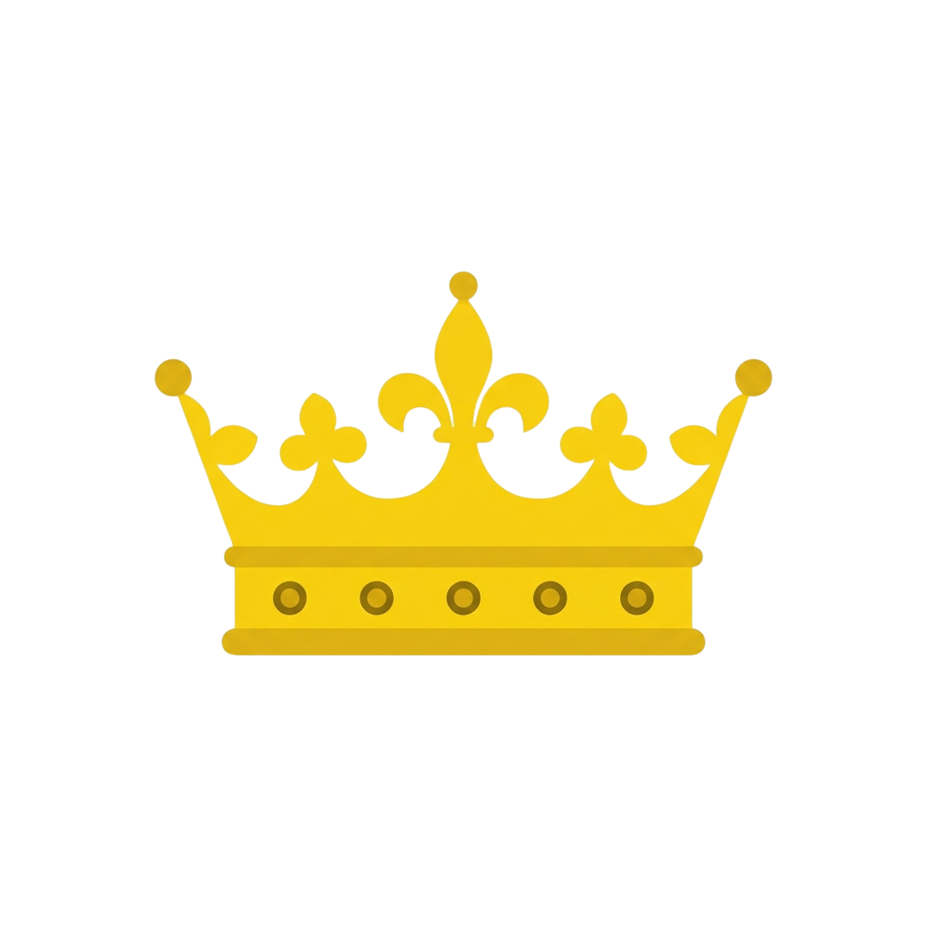 A stylized golden crown symbol with three fleur-de-lis and a crossbar with circular studs