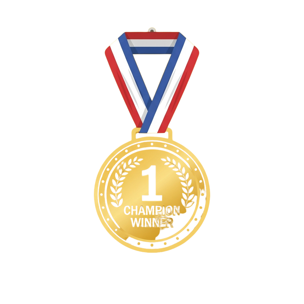 Gold medal with the number 1 and text champion winner, attached to a red, white, and blue ribbon