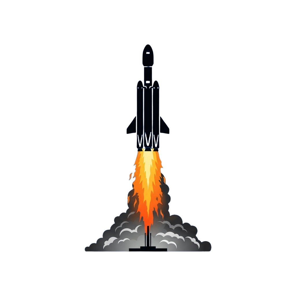 A rocket launching upward with bright orange flames and smoke at the base against a dark background