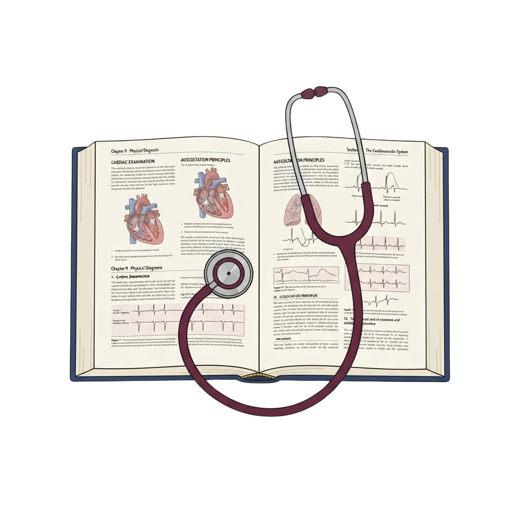 Open book displaying cardiac examination and auscultation principles with a stethoscope resting on the pages