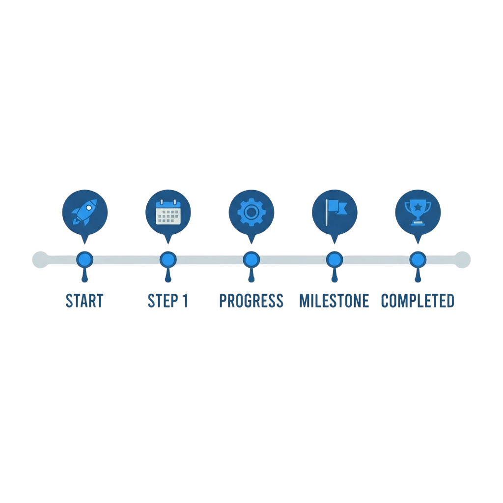 Illustrated timeline showing project stages with icons for start, step, progress, milestone, and completion
