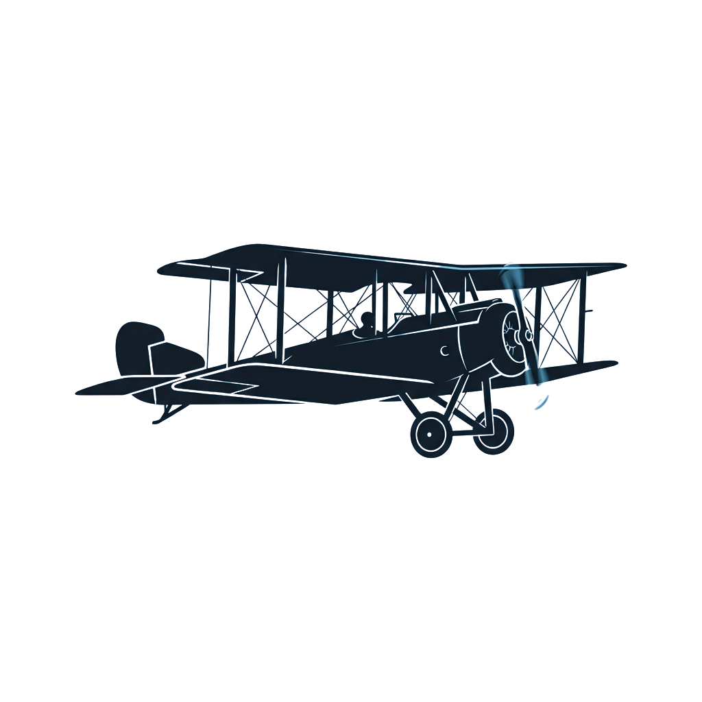 A vintage biplane aircraft with two wings and a propeller, shown in silhouette against a dark background
