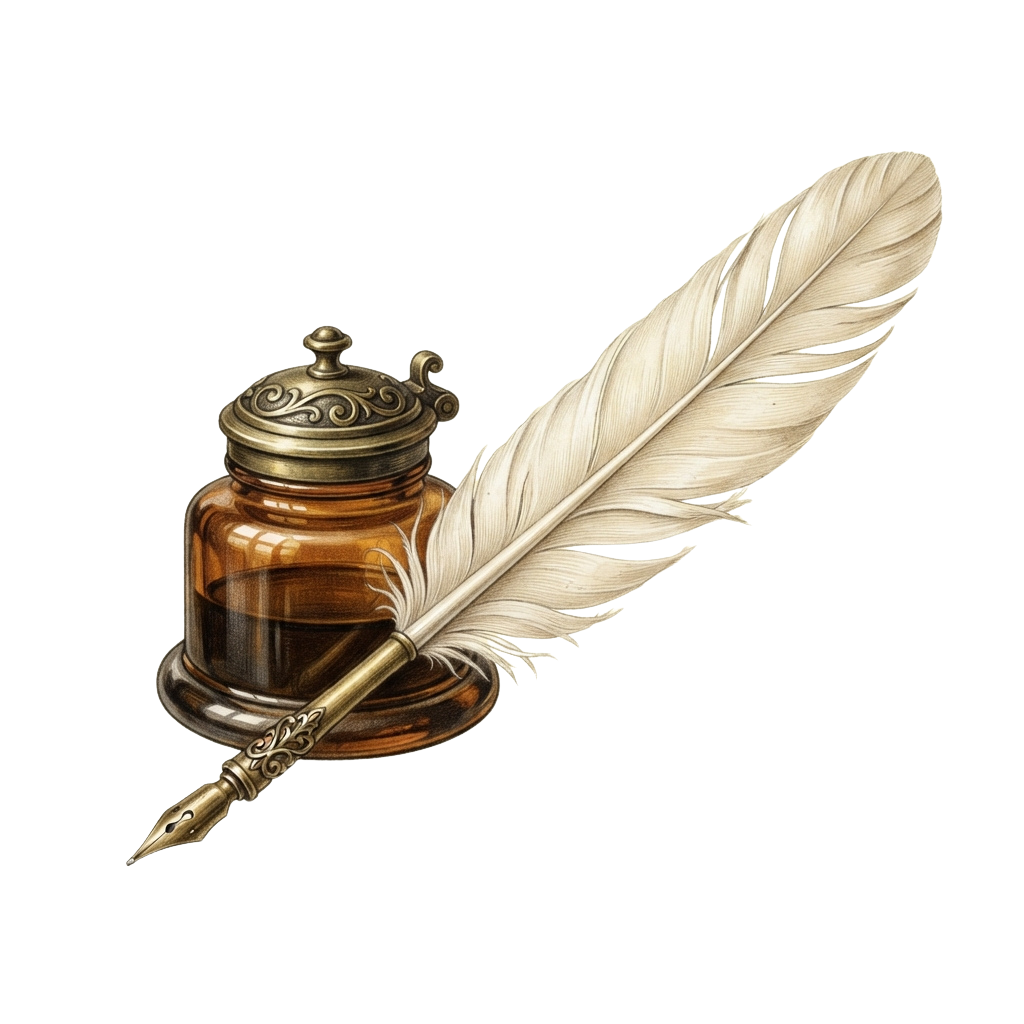 A decorative quill pen in an ornate inkwell with a white feather resting beside it on a dark background