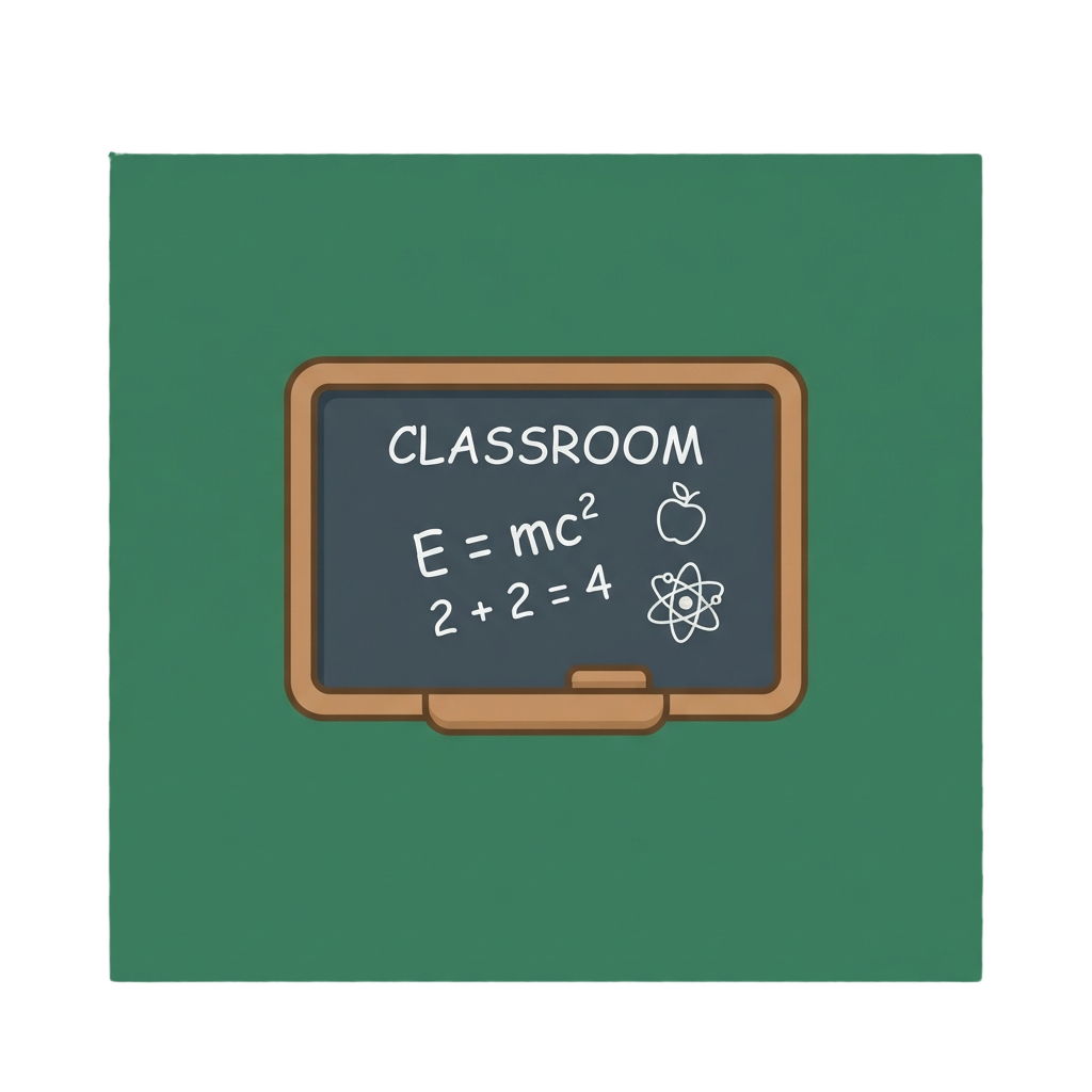 Illustration of a blackboard in a classroom with equations E=mc² and 2+2=4, an apple, and an atom symbol