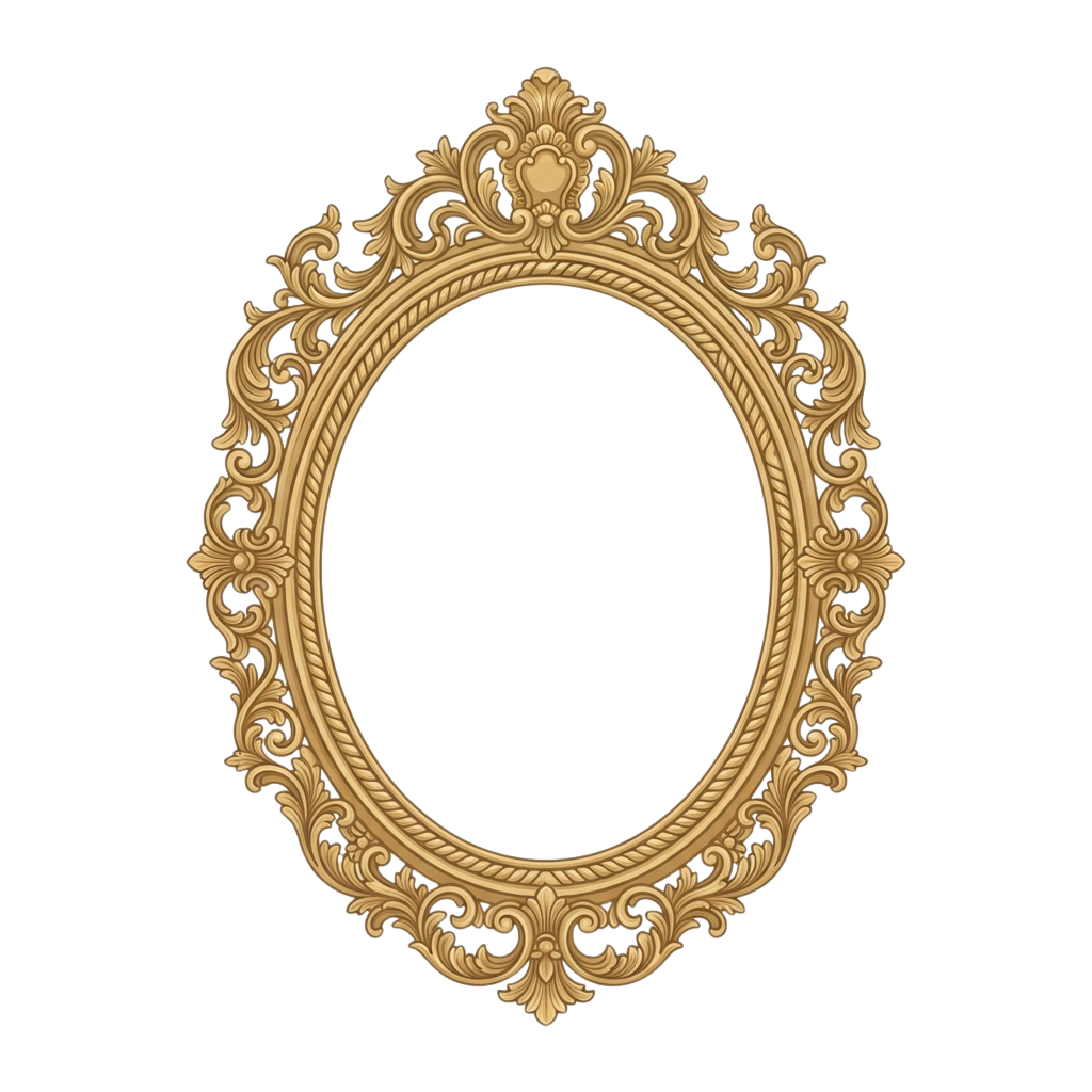 Decorative gold-colored ornate oval frame with intricate scrollwork and floral patterns