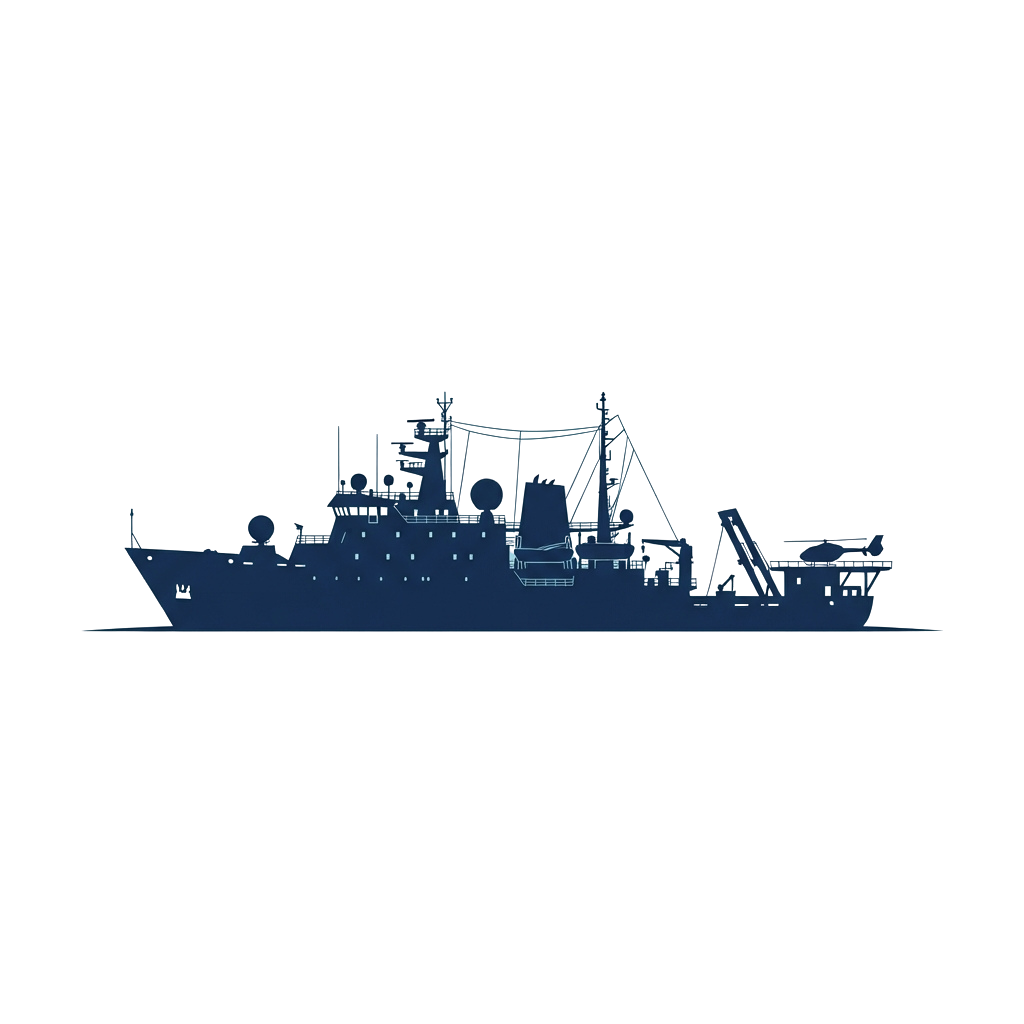A research vessel silhouette at night with blue lighting on the deck and superstructure