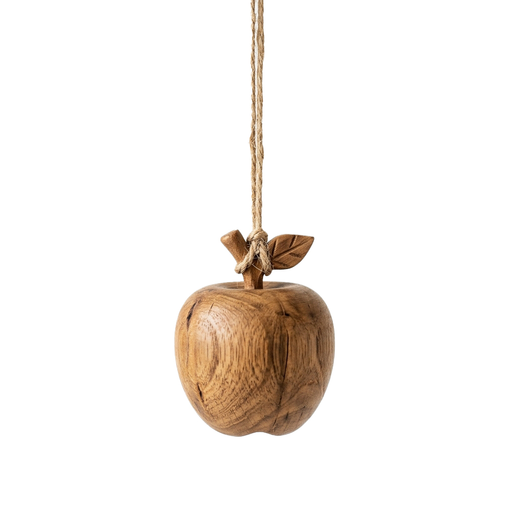 A wooden apple decoration hanging by a twine string against a dark background