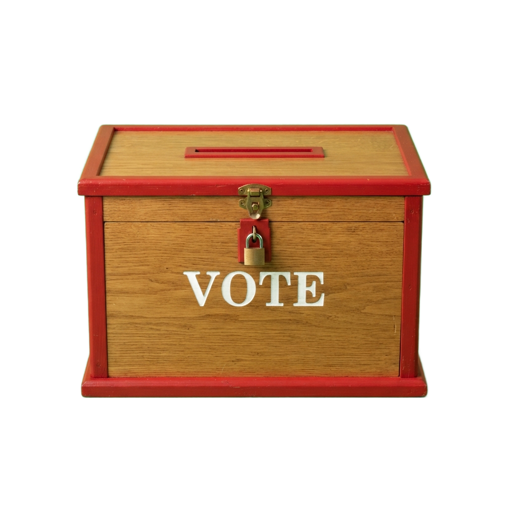 A wooden ballot box with red trim and a lock, labeled VOTE in bold white letters