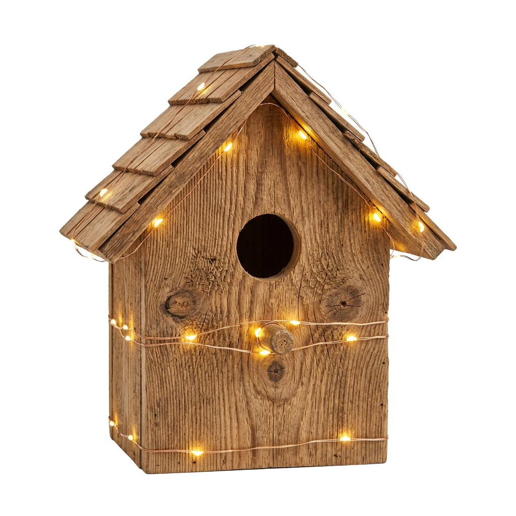 A wooden birdhouse with a circular entrance hole and warm string lights outlining its edges