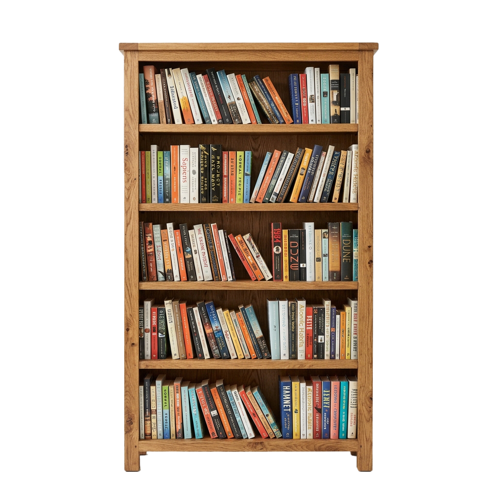 A wooden bookshelf with five shelves stocked with various books, viewed from the front.