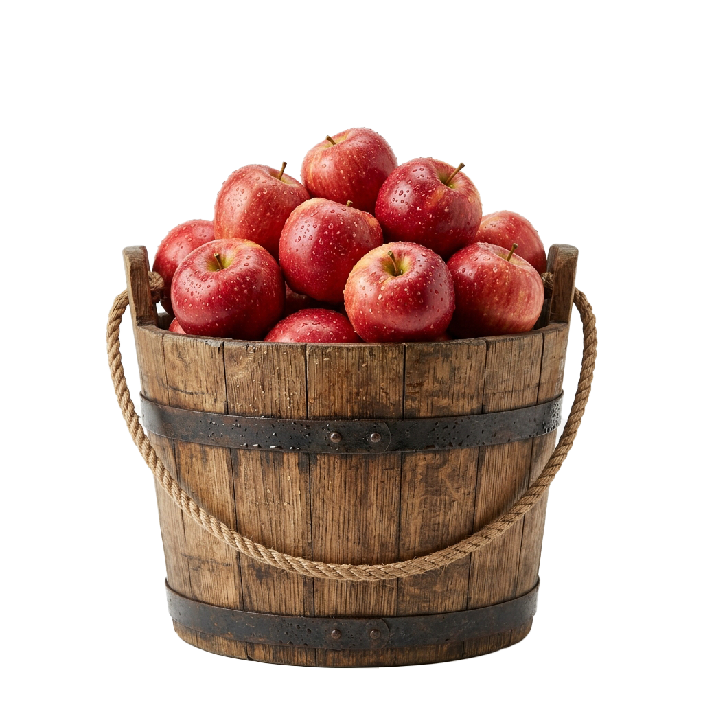 A wooden bucket filled with fresh red apples, some with water droplets on them