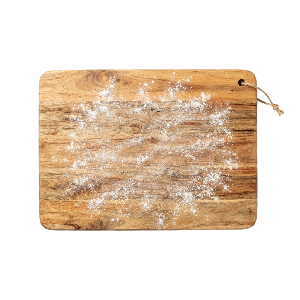 A wooden cutting board with flour dusted in a pattern across its surface