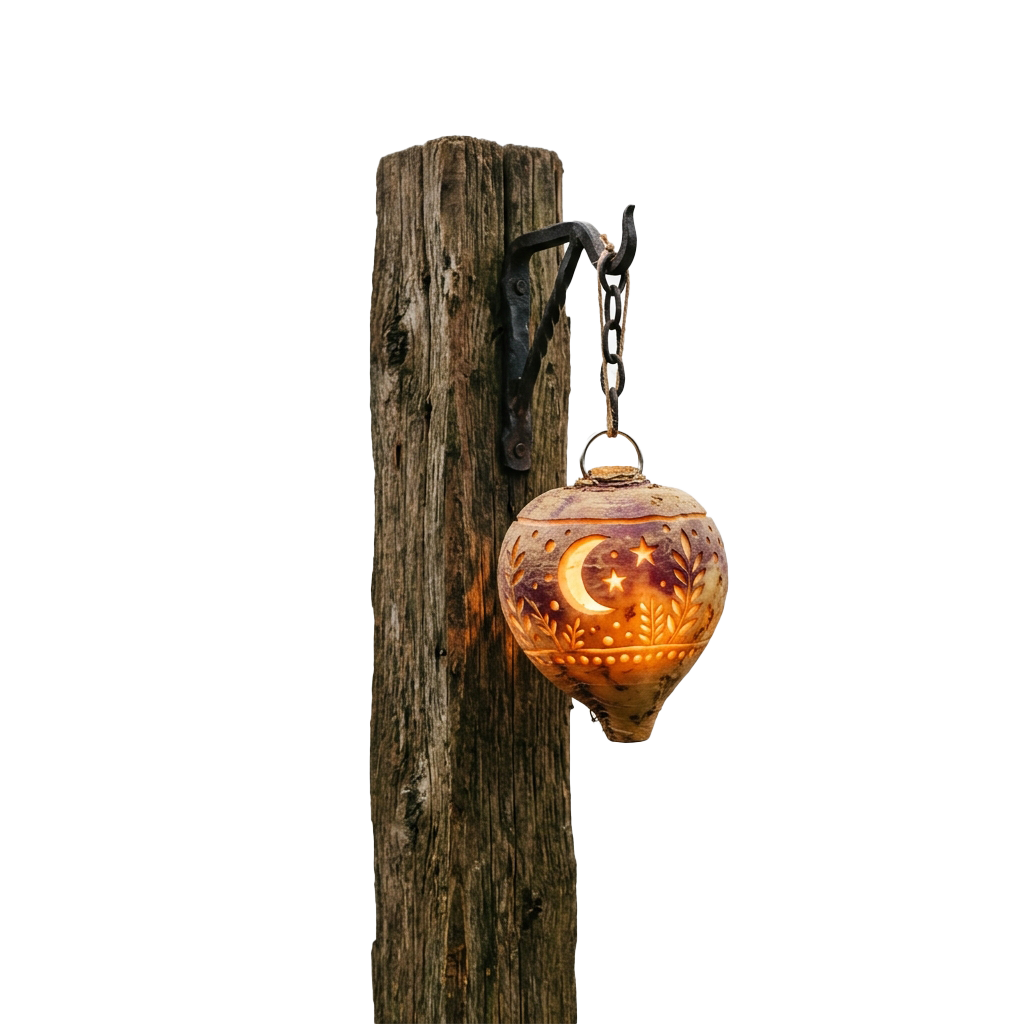 A glowing glass lantern with moon and star designs hanging from a metal hook on a wooden post at night