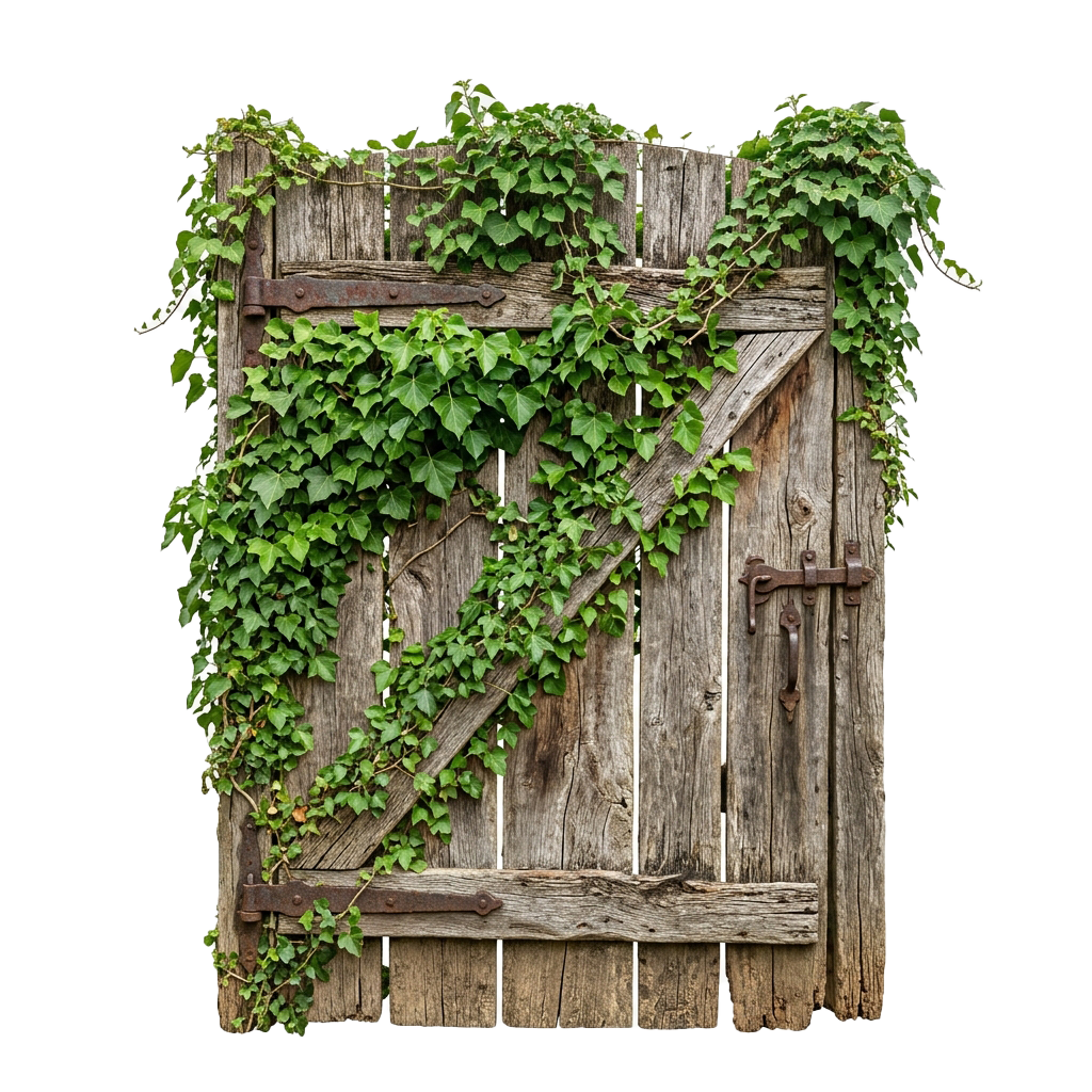 A rustic wooden gate partially covered with lush green ivy vines and climbing plants
