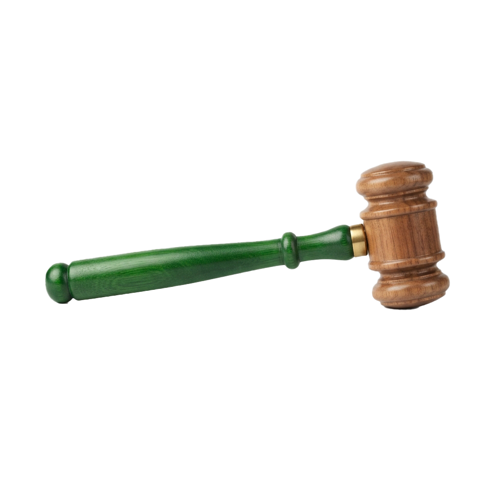 A wooden judge's gavel with a green cylindrical handle and a round wooden head