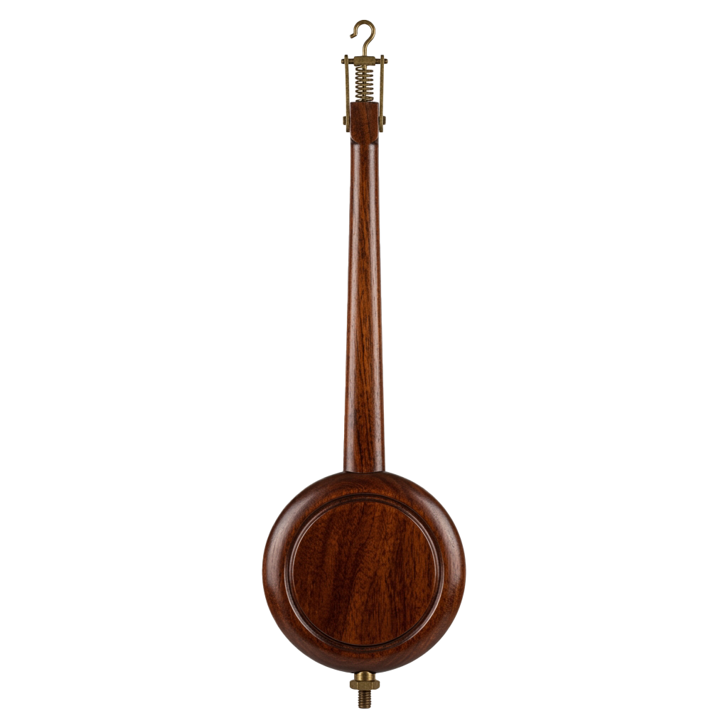 A wooden banjo with a polished neck and bowl, shown against a dark background