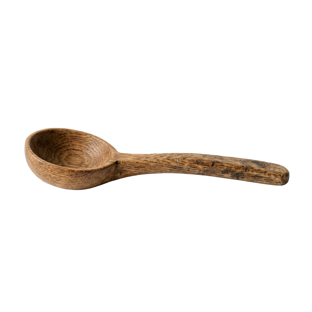 A single wooden spoon with a curved handle and shallow bowl used for measuring ingredients.