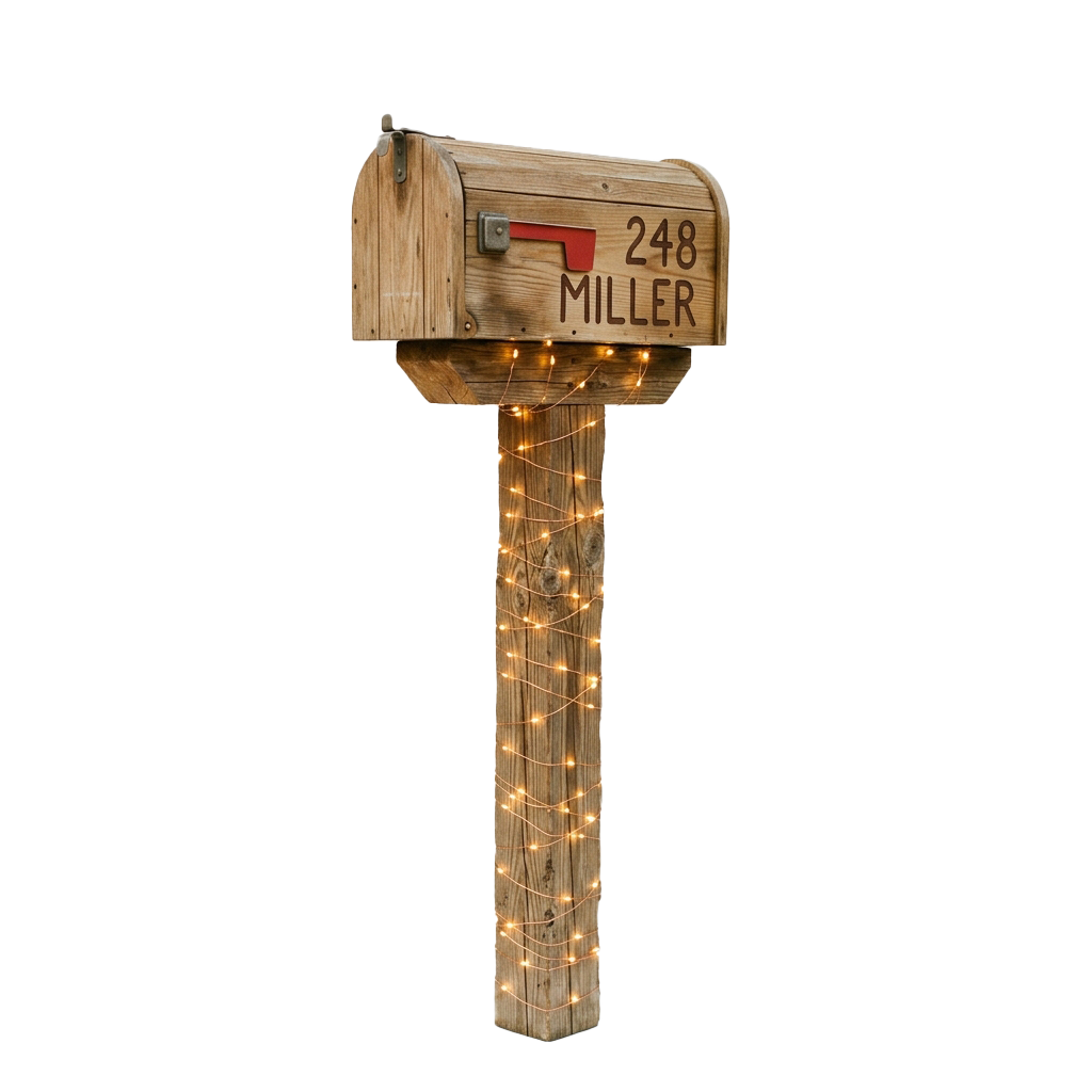 Wooden mailbox with illuminated string lights wrapped around its post, displaying number 248 and name Miller