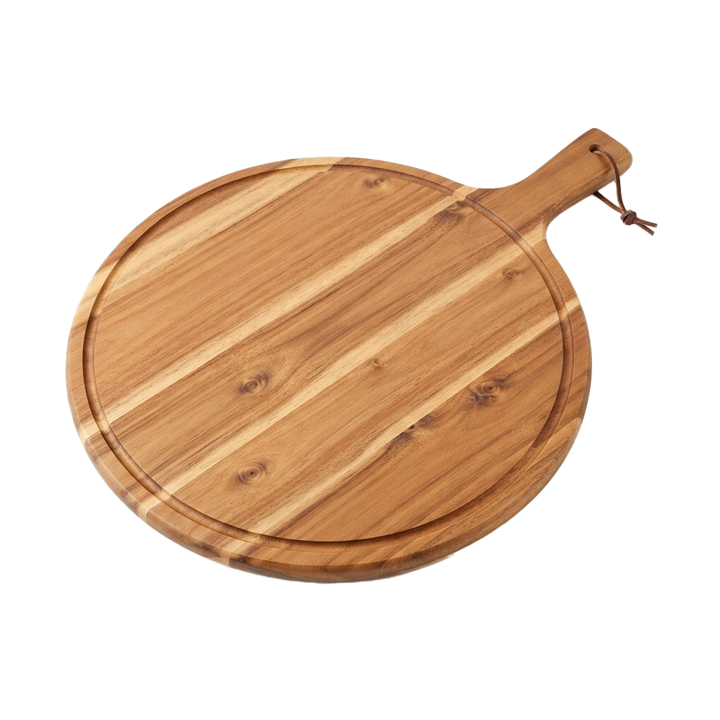 A round wooden cutting board with a handle on the right side against a black background