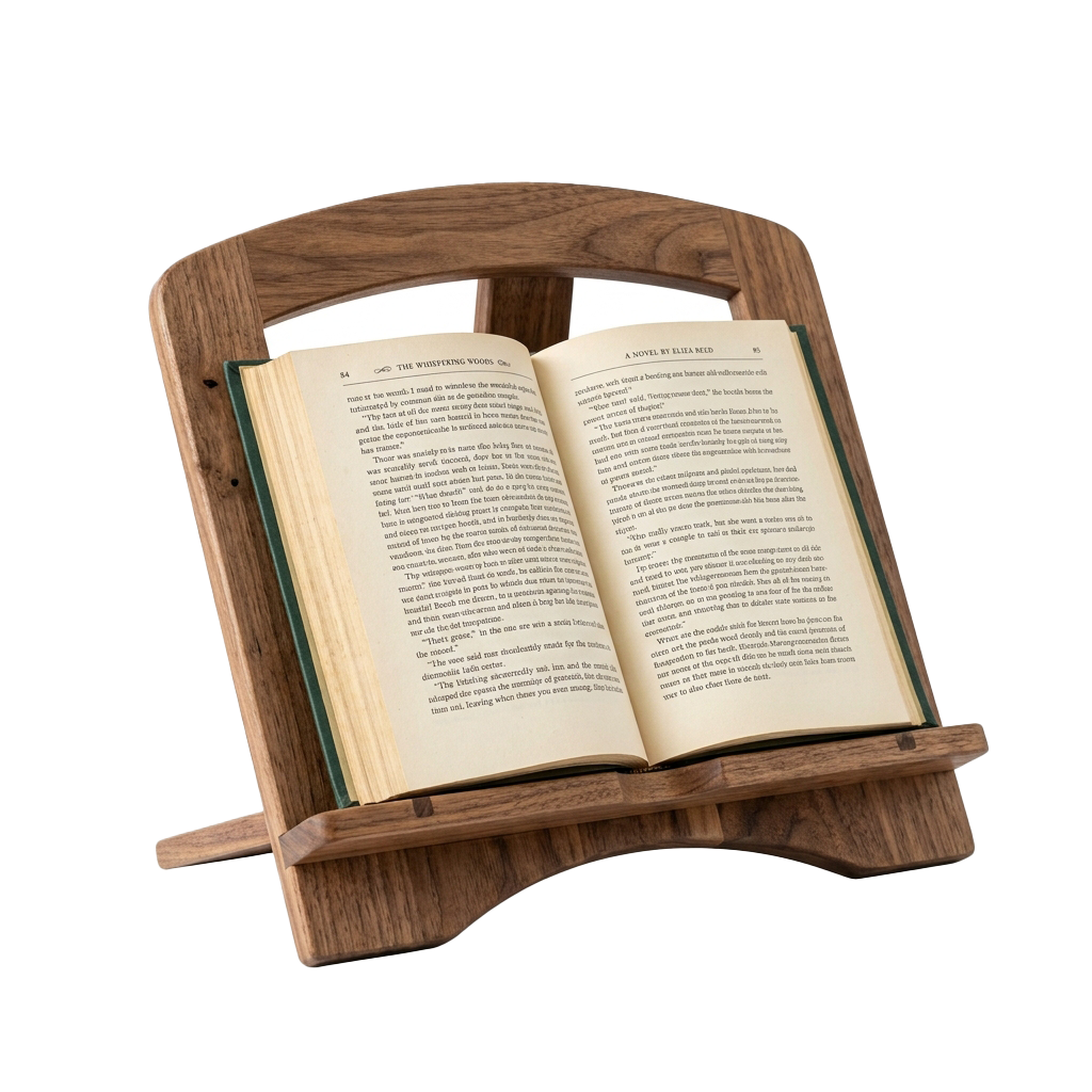 An open book placed on a wooden bookstand with a dark background