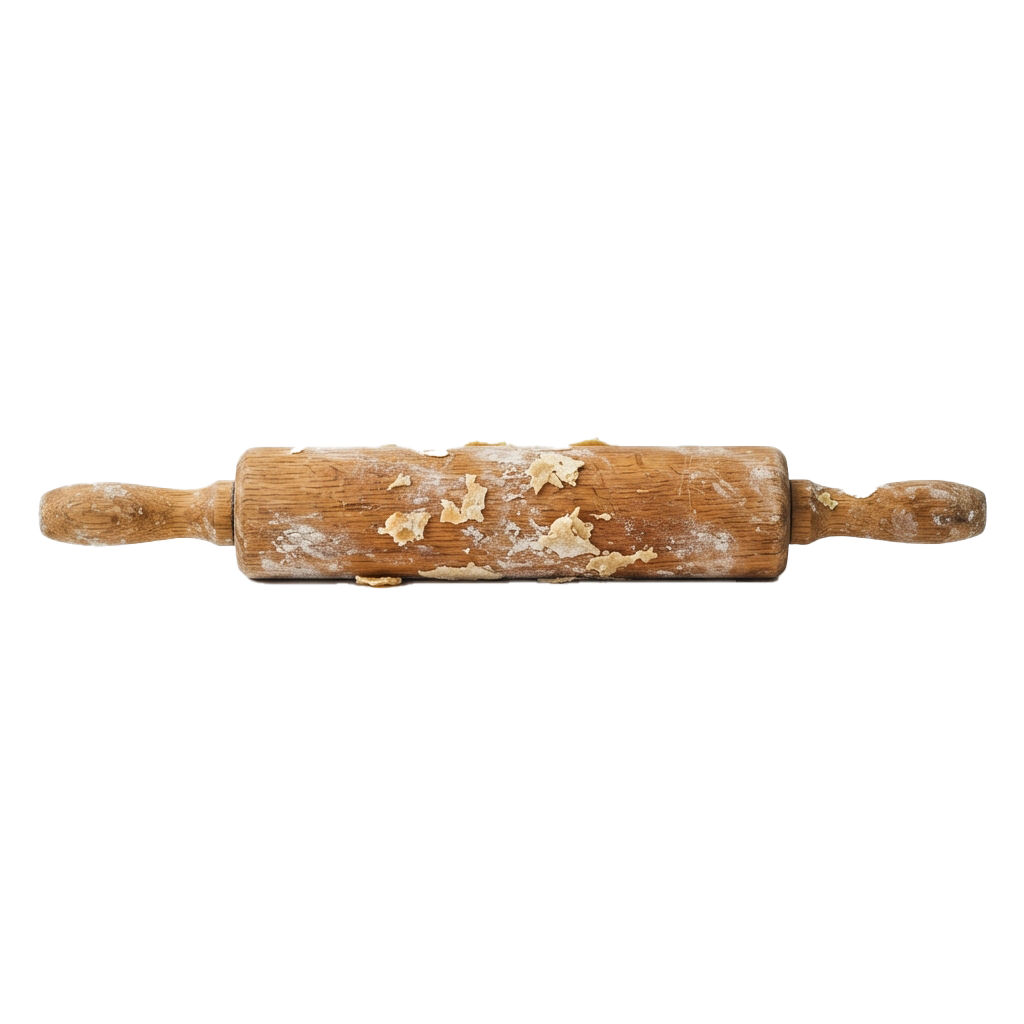 A wooden rolling pin with remnants of dough on its surface.