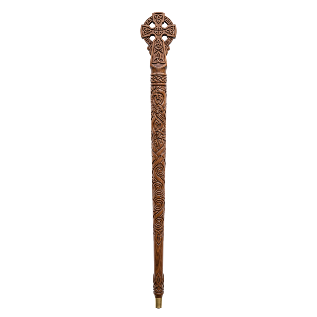 A wooden staff featuring intricate Celtic knot carvings and a cross-shaped top against a dark background