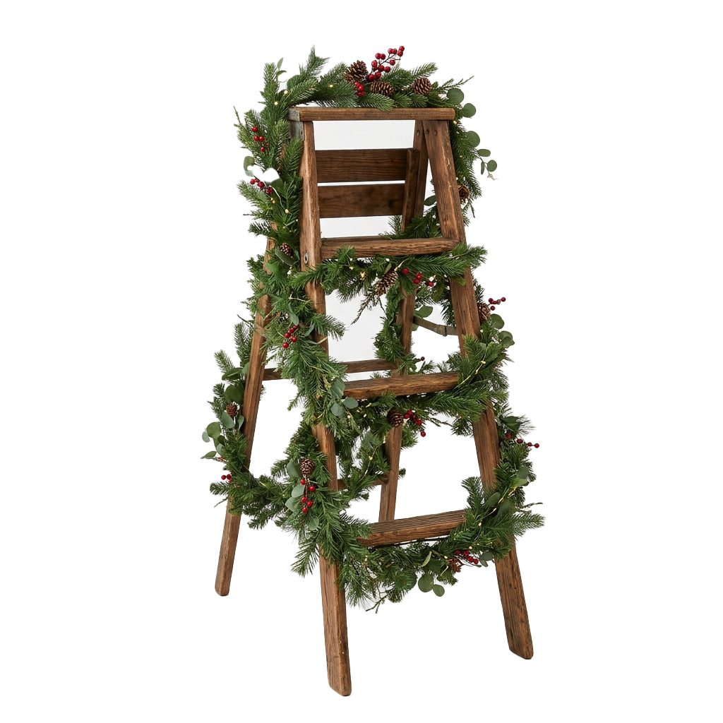 A wooden step stool wrapped with green garland, pine cones, and red berries for festive holiday decor