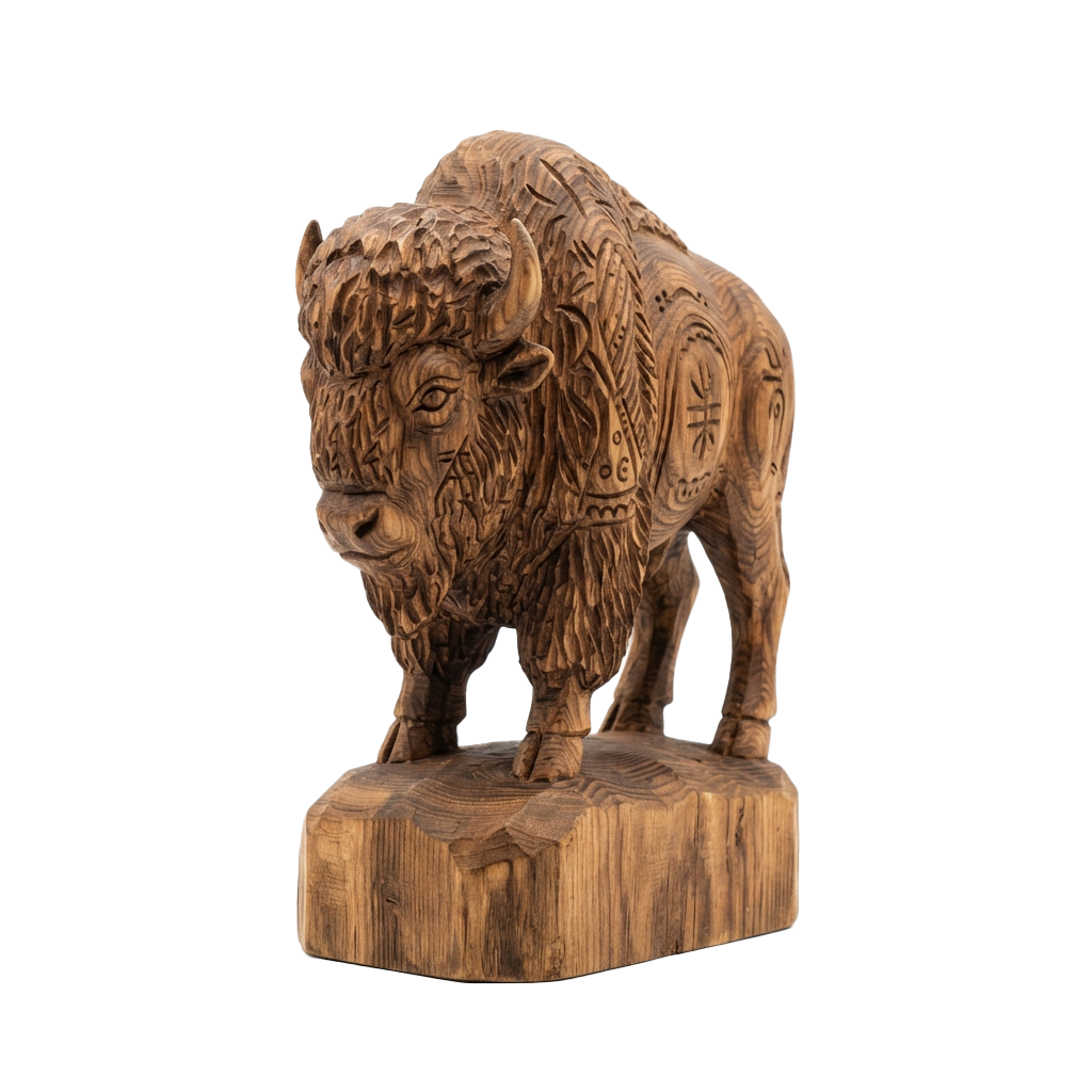 A detailed wooden sculpture of a bison standing on a wooden base