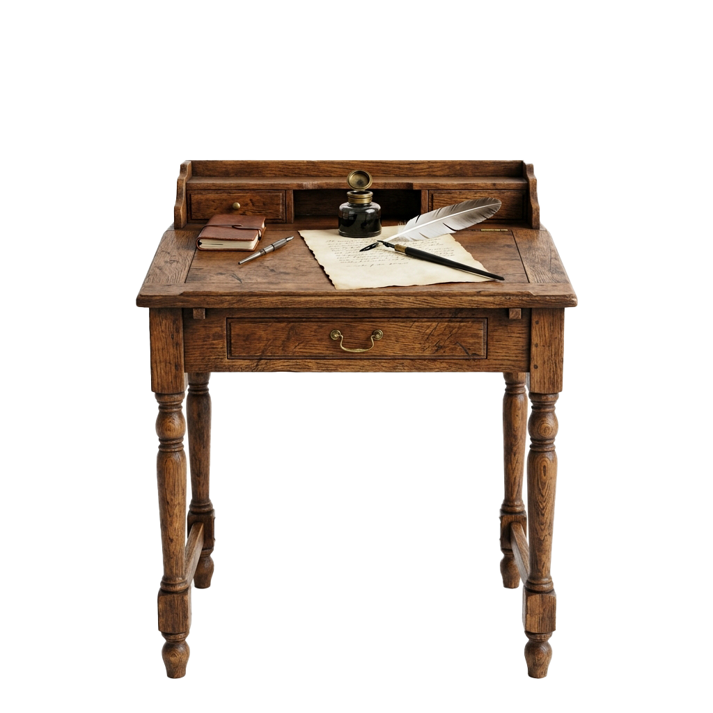 A classic wooden writing desk with a quill pen, inkwell, and open drawer, set against a dark background