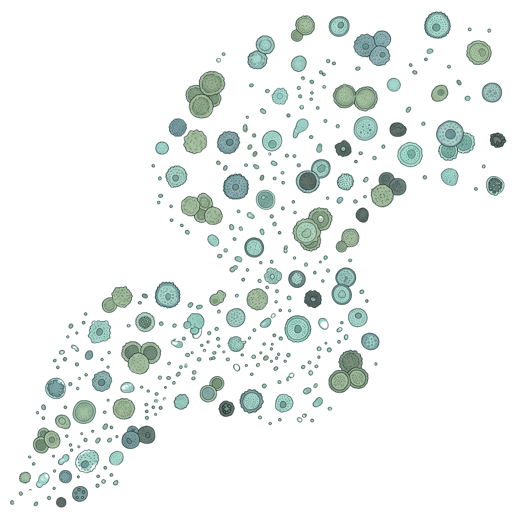 Microscopic image showing various diatom species in clustered formations with intricate patterns.