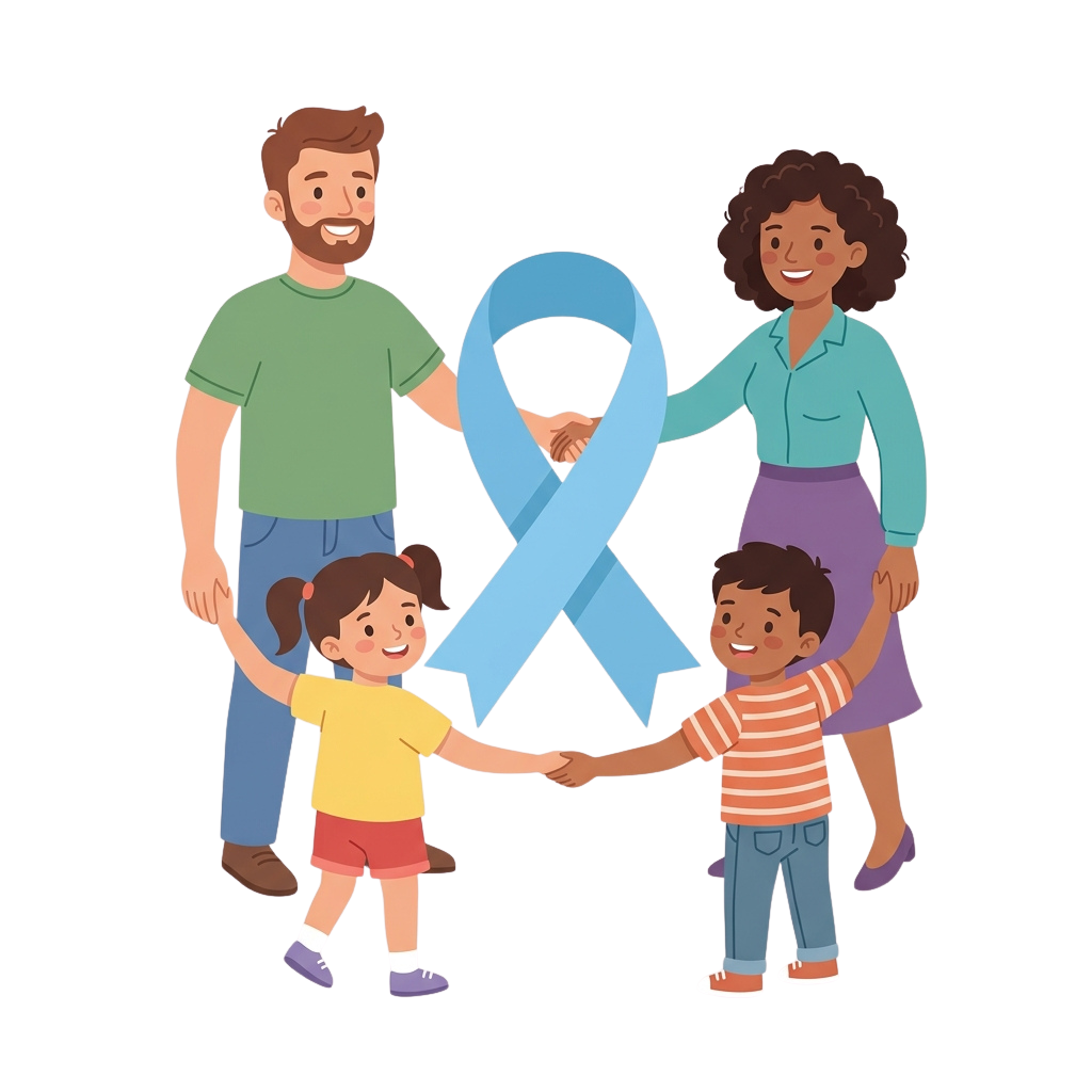 Happy family holding hands around a blue breast cancer awareness ribbon