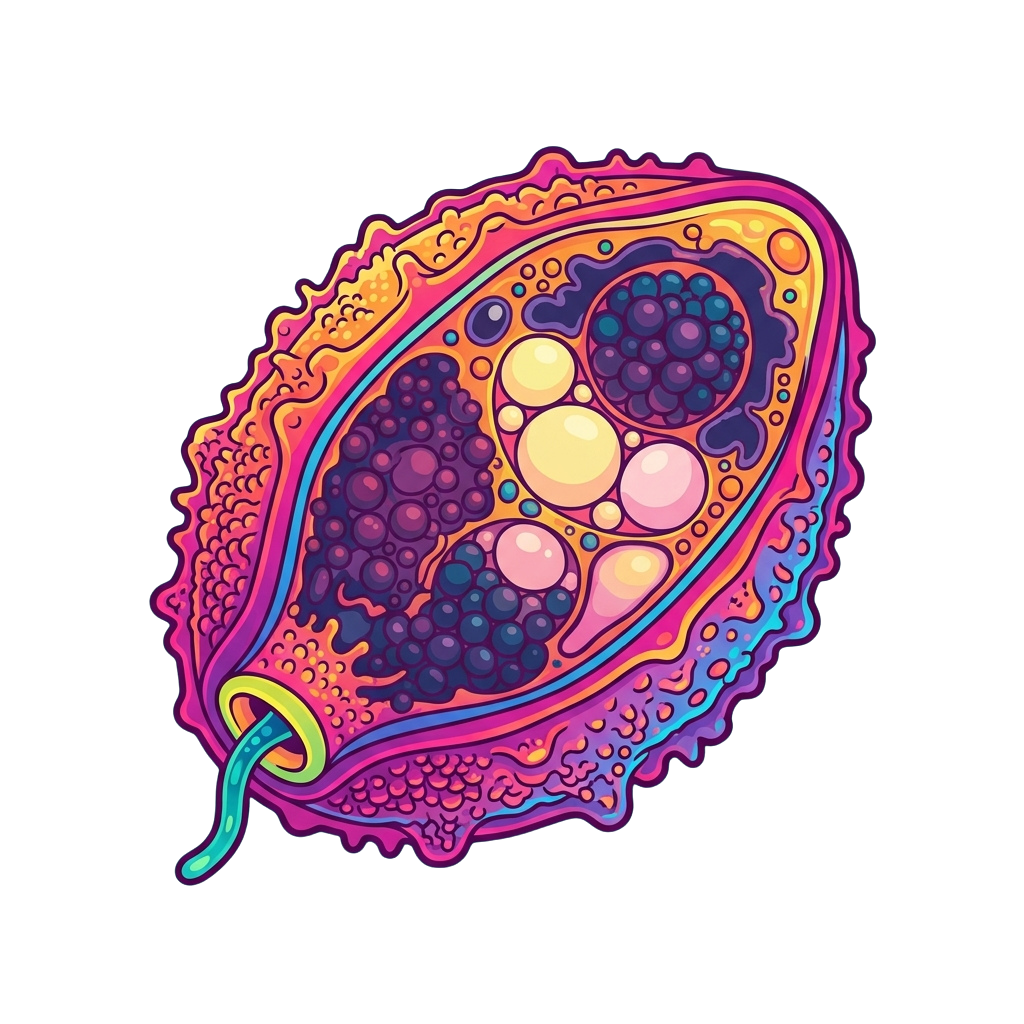 Illustration of a stylized cell showing various organelles in bright colors