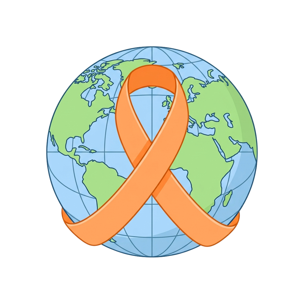 An orange ribbon wrapped around a world map illustration
