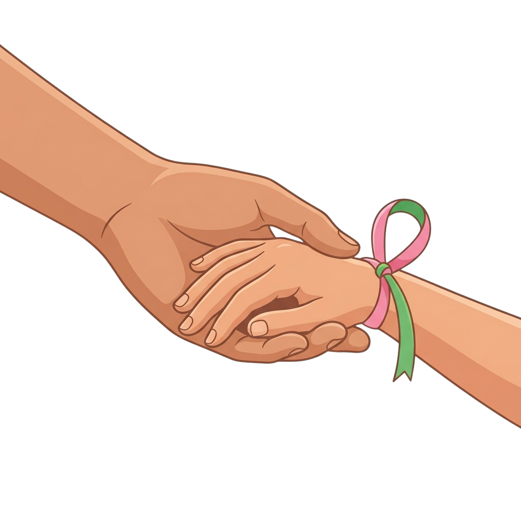 Two hands clasped together with a pink and green awareness ribbon tied around one wrist.
