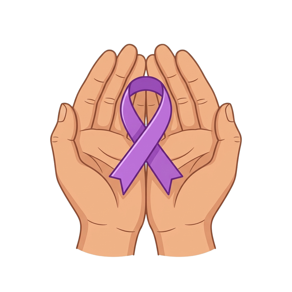 Two hands gently holding a purple awareness ribbon