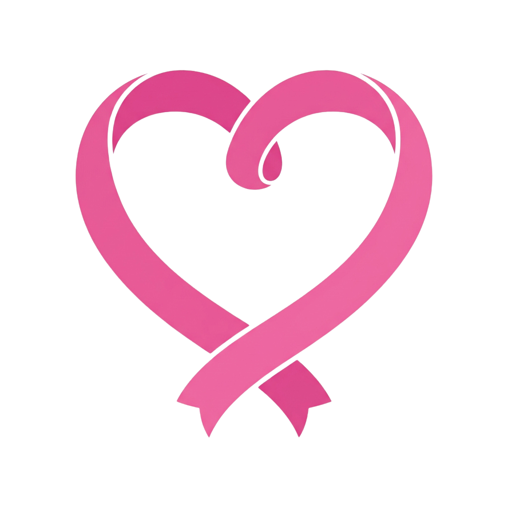 A pink ribbon symbol representing breast cancer awareness with a heart shape and bow.