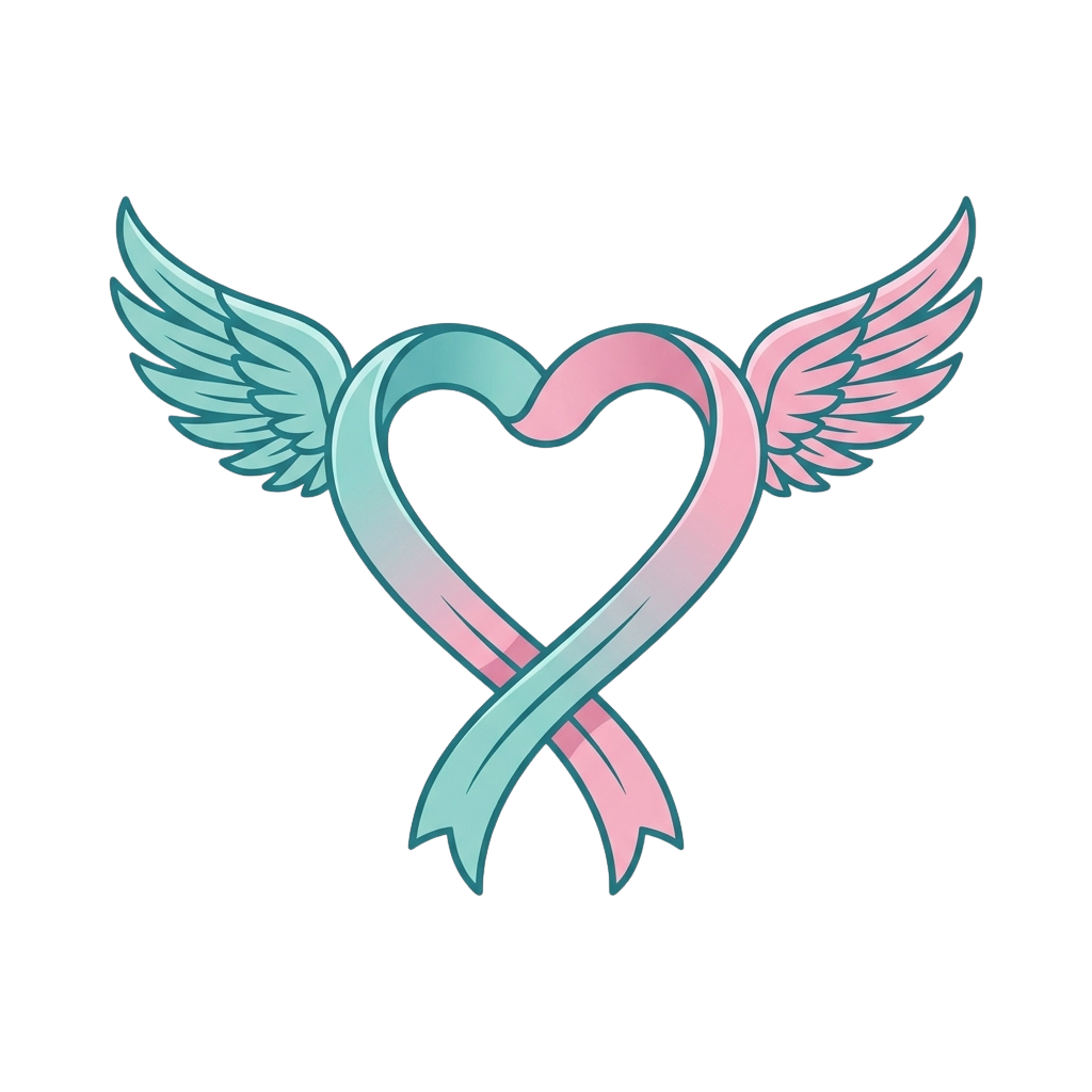 Two intertwined heart ribbons in pink and blue with angel wings on each side