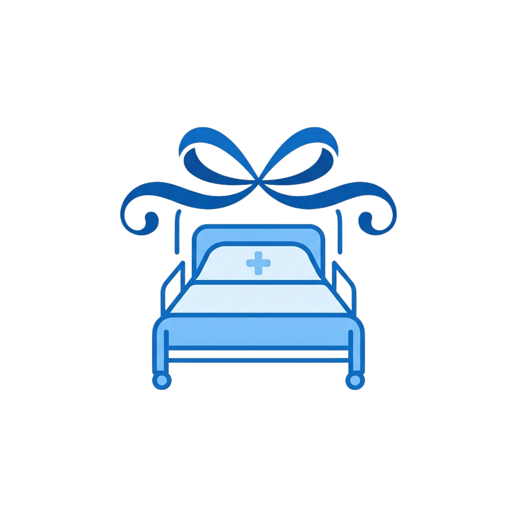 A stylized image of a hospital bed with a large blue ribbon tied on top resembling a gift bow