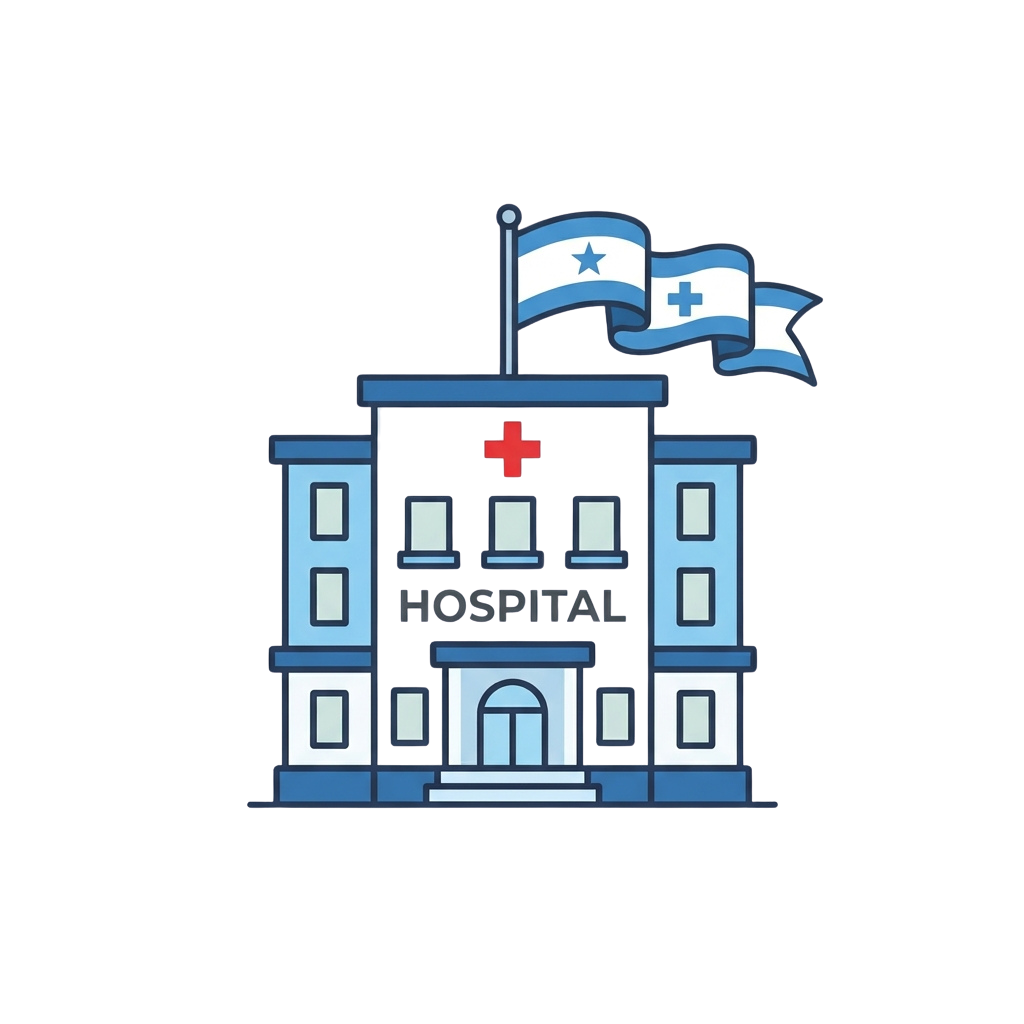 Illustration of a hospital building with a red cross symbol and a flag featuring a blue cross on white and blue stripes