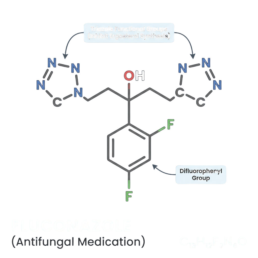 Chemical structure of fluconazole antifungal medication showing triazole groups and difluorophenyl group