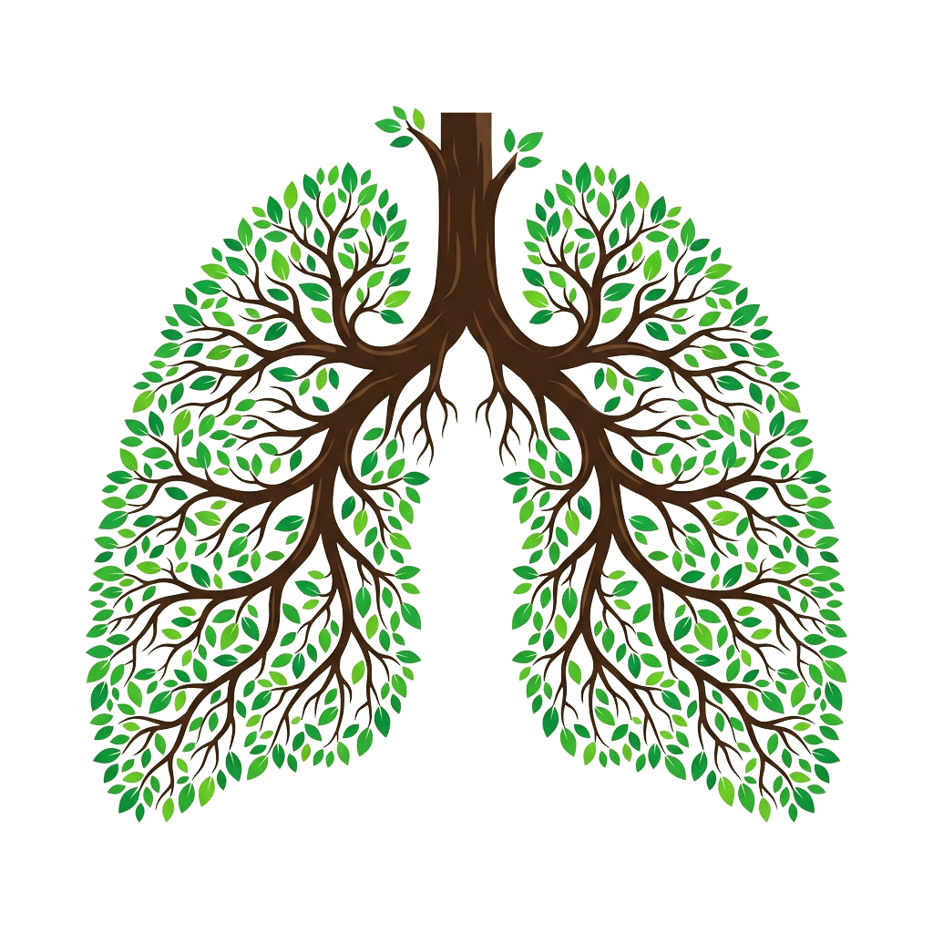 Illustration of human lungs showing detailed branching of airways and leaf-like alveoli representation