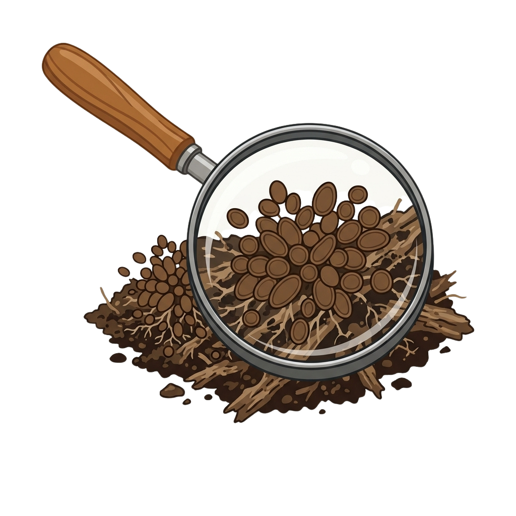 A magnifying glass focusing on a pile of coffee beans spilled on a dark surface