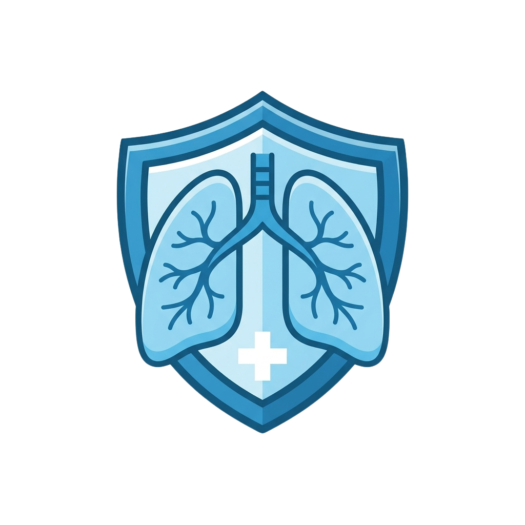 A shield emblem displaying two lungs with a medical cross in the center, symbolizing respiratory health and medical care.