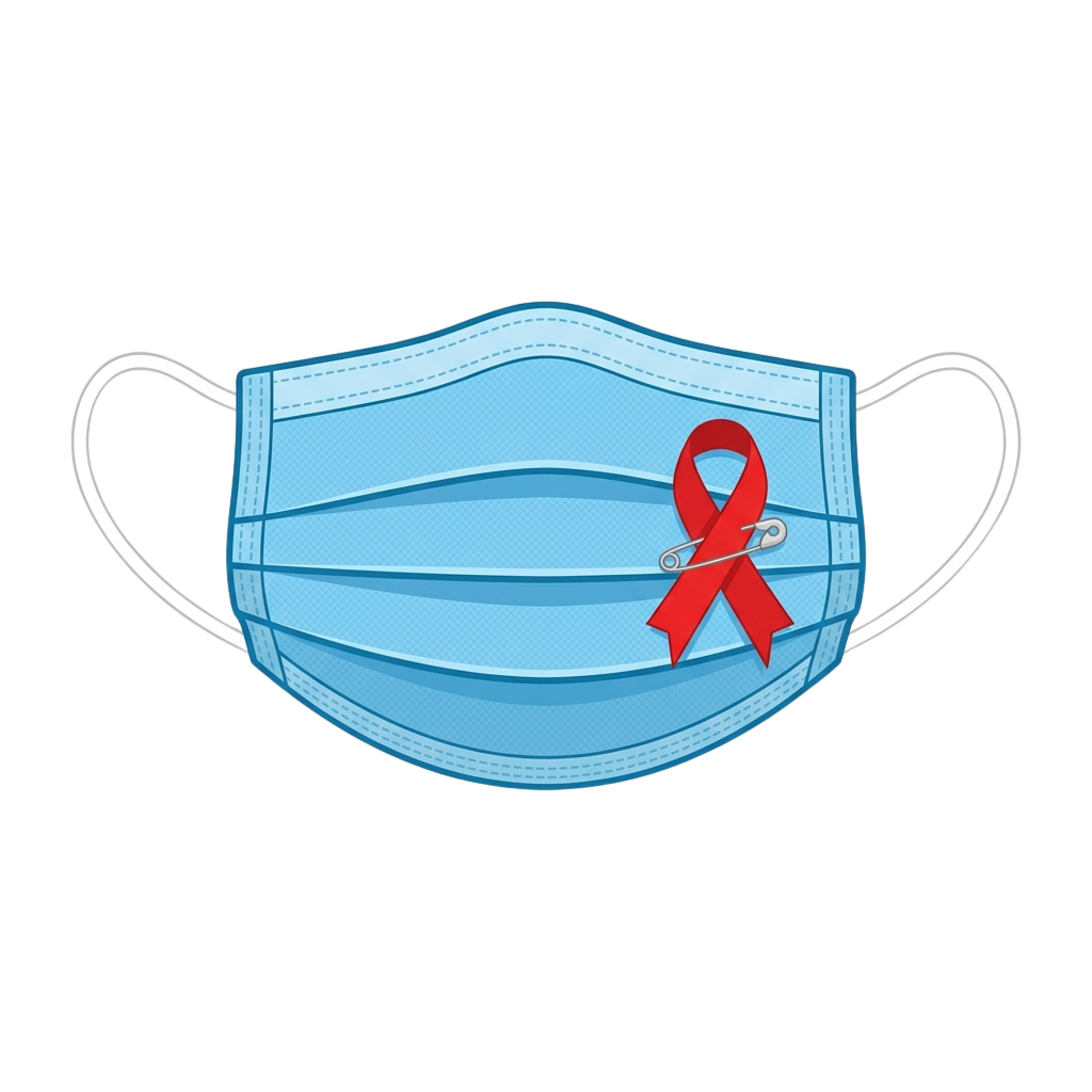 Blue disposable mask featuring a red AIDS awareness ribbon on the side