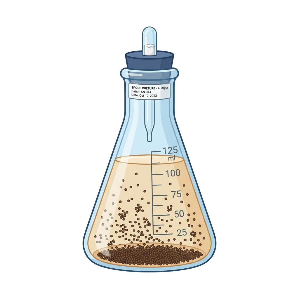 Illustration of a lab flask containing Aspergillus niger spore culture with measurement markings