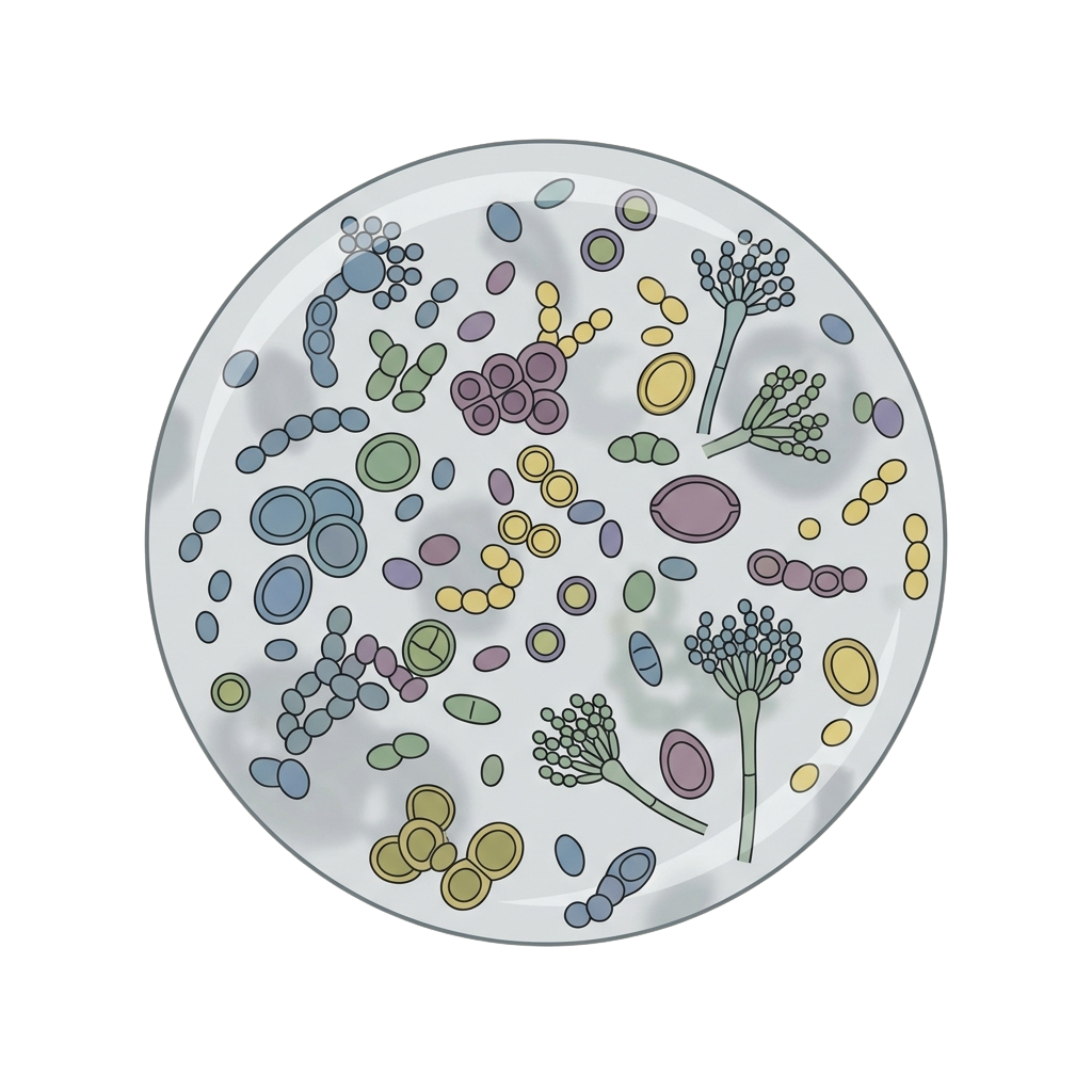 Illustration of a petri dish showing various colored microbial colonies and fungi growth.